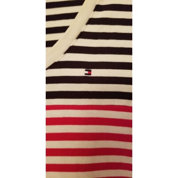Tommy Hilfiger Stripe Women's V-Neck Top Red &White & Blue Logo USA Size Small - Picture 2 of 5